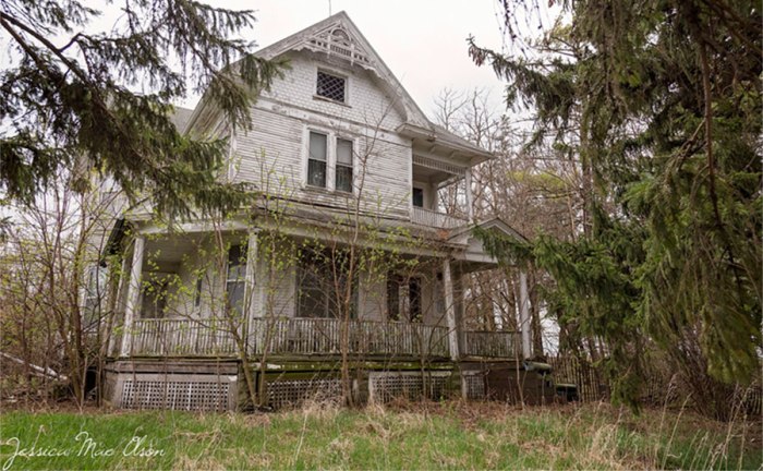 A run-down white house with vegetation covering the roof and entrances